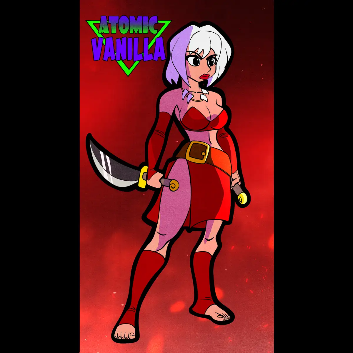 A cartoon woman with short white and purple hair, wearing a red and purple outfit with red boots, holds a large curved blade…