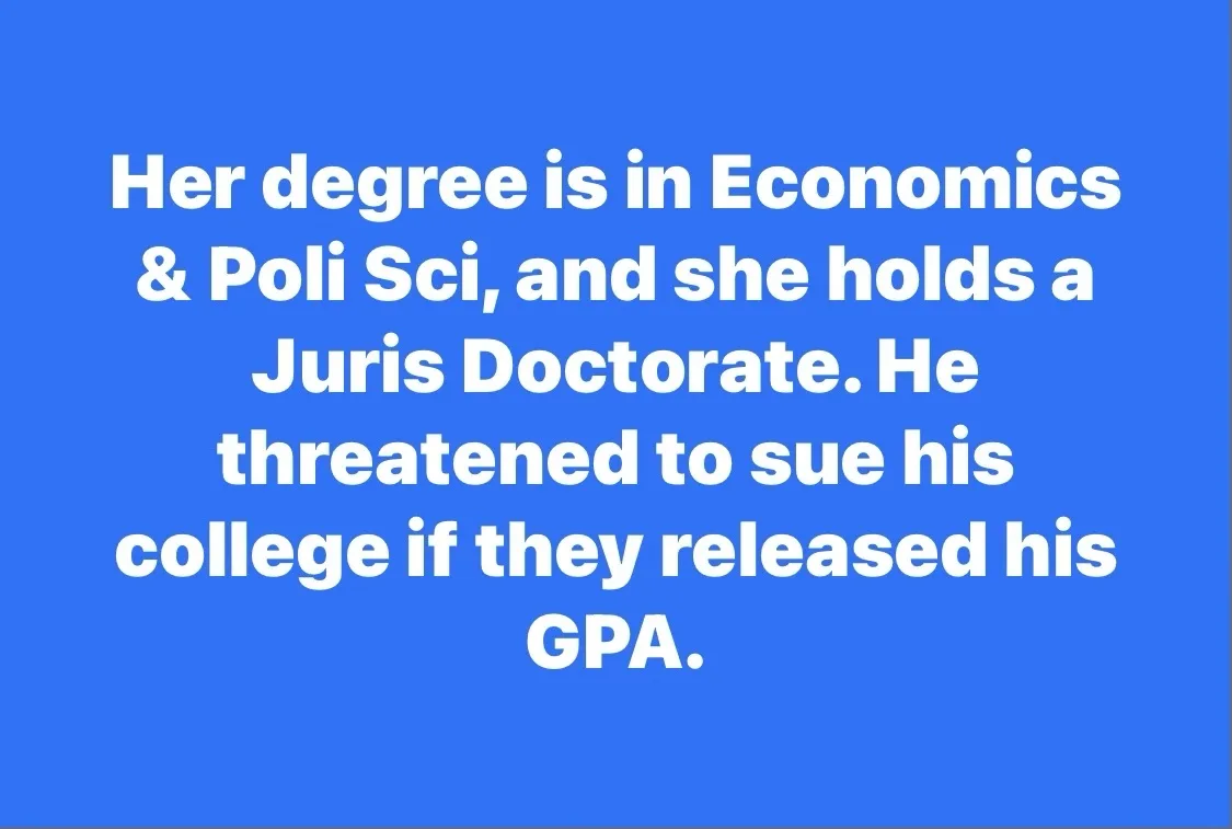 A solid blue background with large, white, centered text that reads: 'Her degree is in Economics & Poli Sci, and she holds a…
