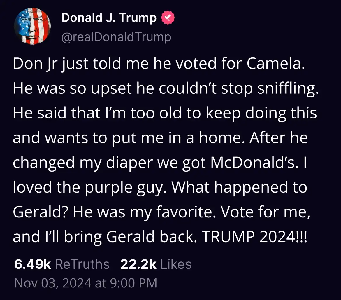 A screenshot of a fictional tweet from Donald J. Trump's verified account, featuring a profile picture of his face overlaid…