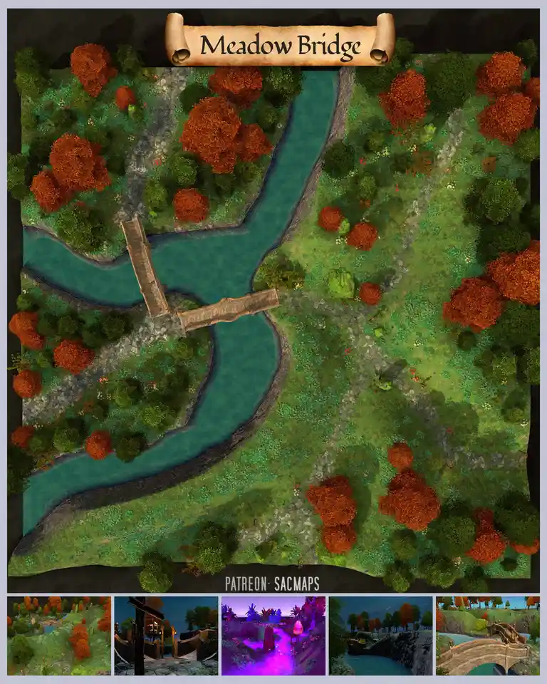 An overhead fantasy map titled 'Meadow Bridge' shows a winding river with two wooden bridges crossing it, surrounded by…