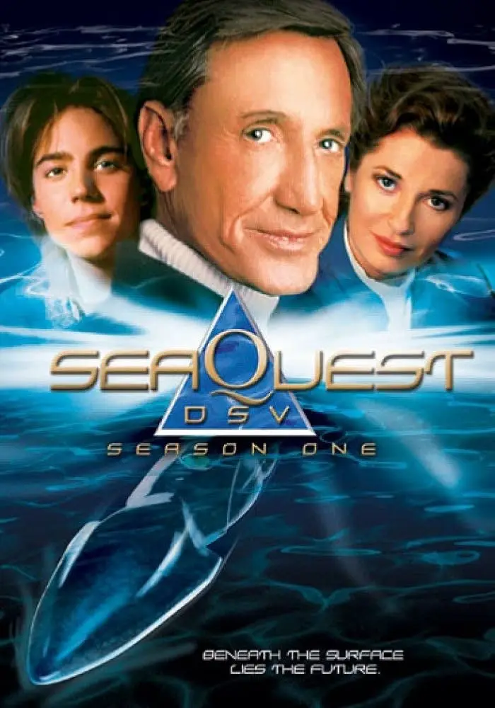 This is the promotional poster for the TV show 'SeaQuest DSV Season One,' featuring three main characters in diving suits…
