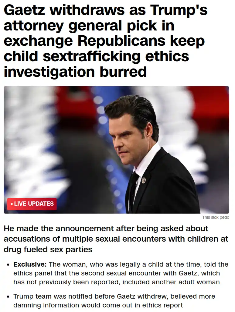 A screenshot of a news article shows a photo of a man in a suit looking down and to the side. The headline reads 'Gaetz…