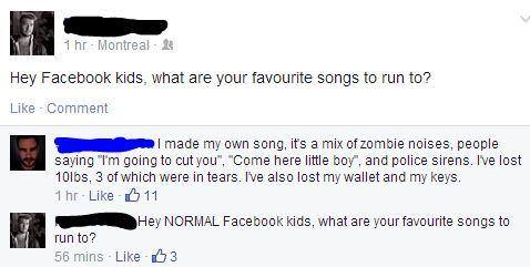A screenshot of a Facebook comment thread where a user responds to a question about favorite songs to run to with a darkly…