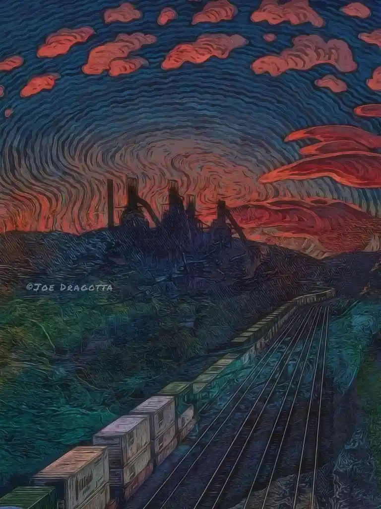 A stylized, swirling painting depicts a train on tracks approaching a dark, industrial landscape under a dramatic sky of red…