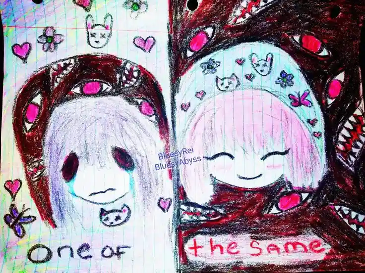 A hand-drawn split image on graph paper shows two anime-style girls with similar pink hair and cute accessories, but one has…
