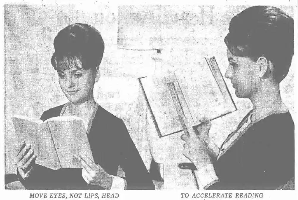A vintage black-and-white photo shows two women reading books; the woman on the left looks forward with a slight smile…