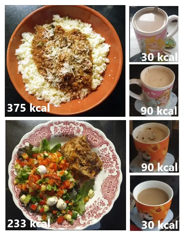 A collage of six food images: a large bowl of rice and meat dish labeled 375 kcal, two cups of coffee labeled 30 kcal and 90…