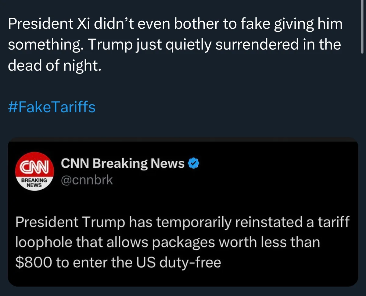 The image shows a screenshot of a CNN Breaking News tweet stating that President Trump has temporarily reinstated a tariff…