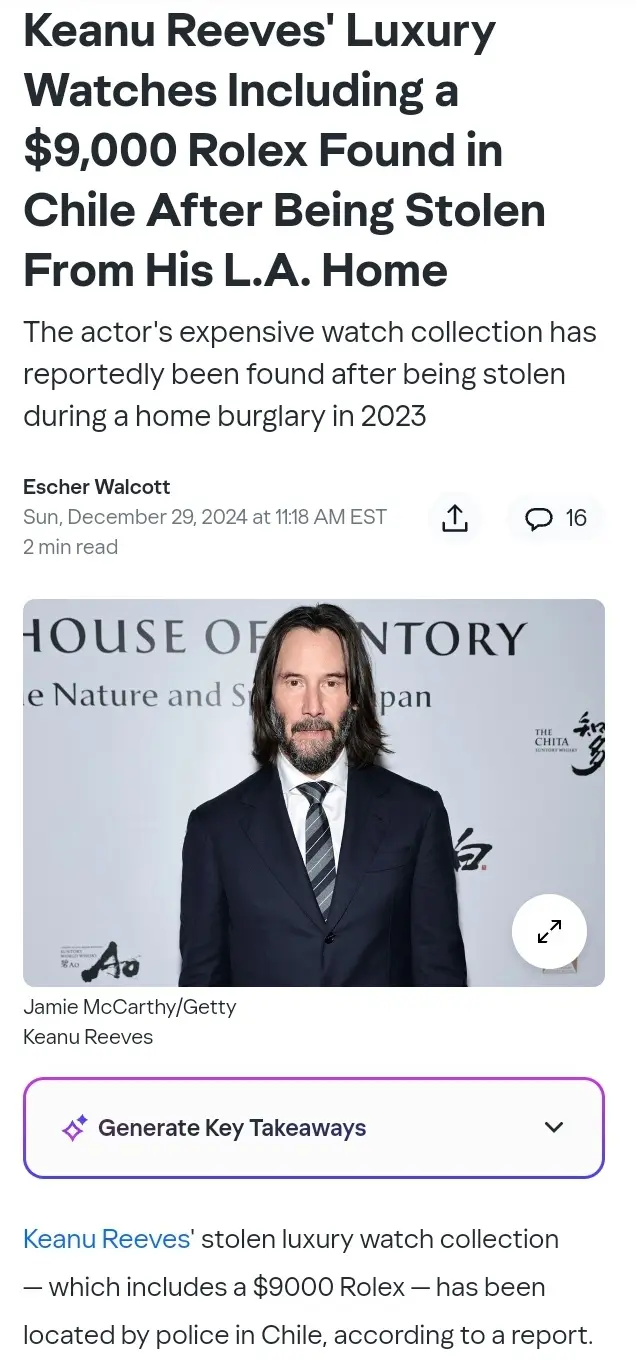 A screenshot of a news article about Keanu Reeves, showing his photo in a suit at an event. The headline and text report…