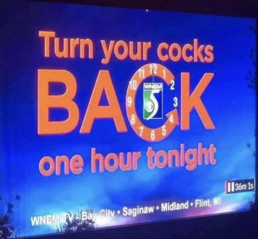 A TV screen displays a public service announcement from WNEM TV, featuring large orange text that reads 'Turn your cocks…