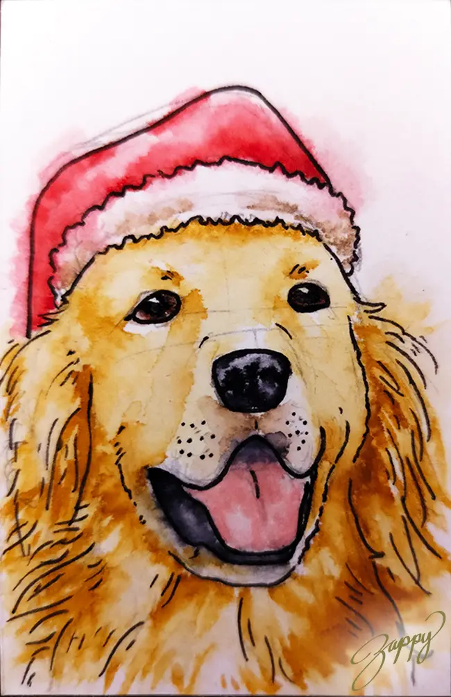 A watercolor painting of a golden retriever with a joyful, open-mouthed expression, wearing a red and white Santa hat. The…
