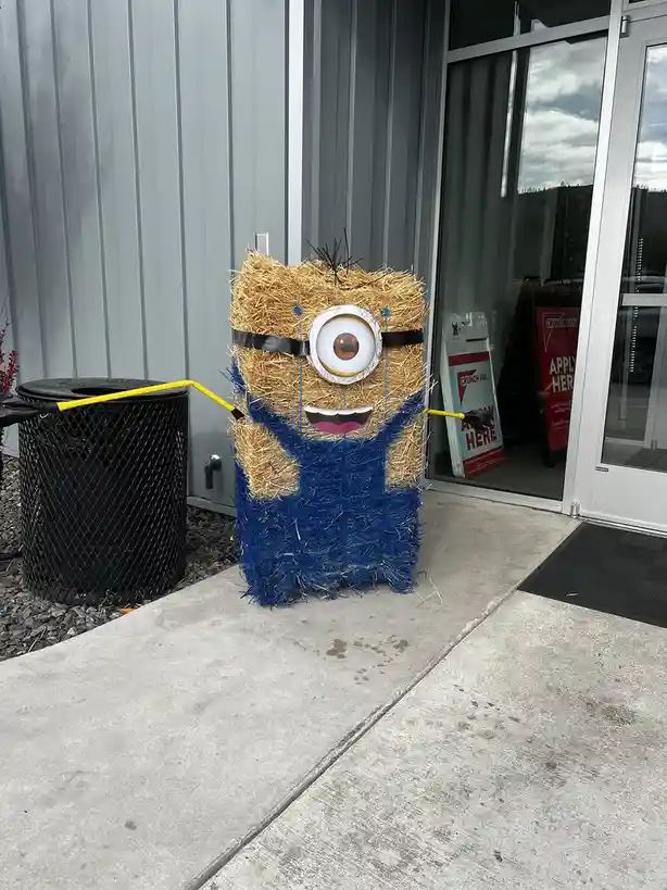 A hay bale sculpture shaped like a Minion from Despicable Me, wearing blue overalls and holding a yellow broom, stands…