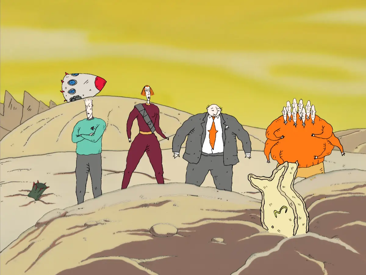 In a barren, yellow-hued desert landscape, four cartoon characters stand in a line: a man in a green shirt with arms…