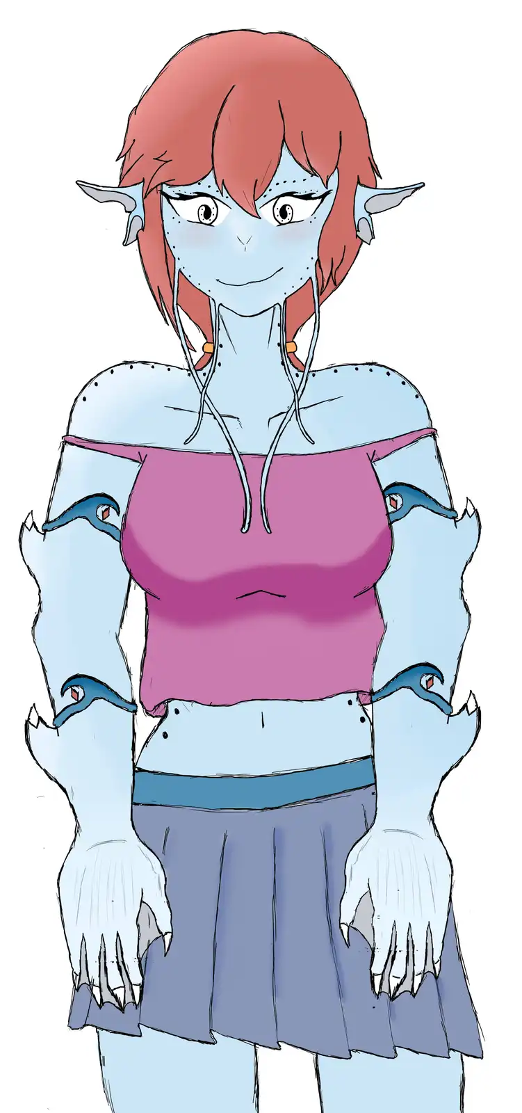 A cartoon drawing of a blue-skinned, red-haired female character with pointed ears and clawed hands, wearing a pink crop top…