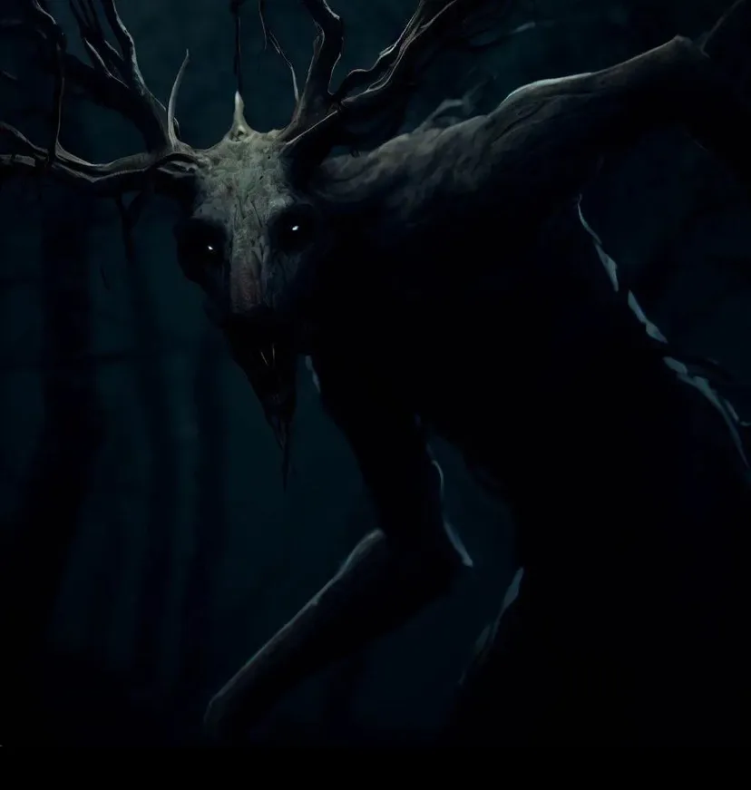 A dark, menacing creature with a deer-like head, twisted antlers, glowing eyes, and a gaping mouth with sharp teeth, lunges…