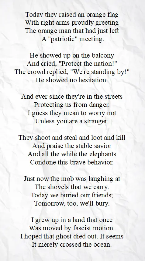 A crumpled white paper background displays a poem in black text, describing a fictional scenario involving an 'orange man'…