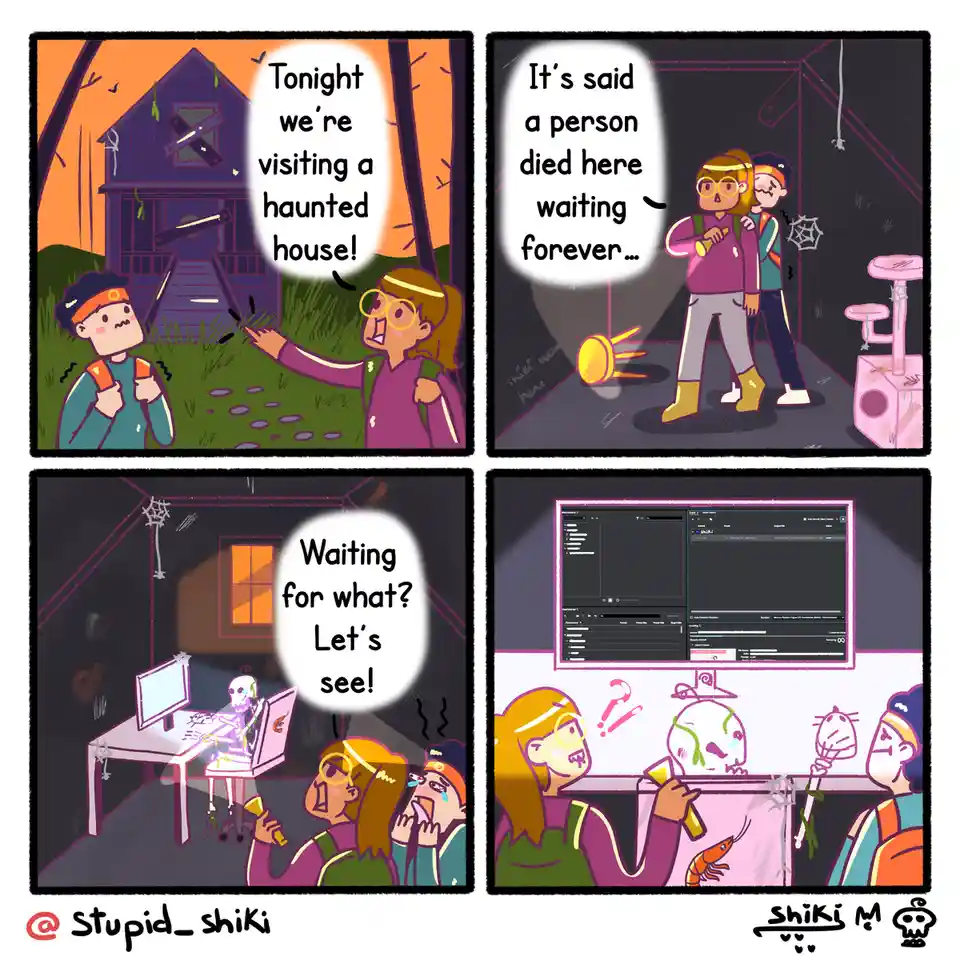 A four-panel comic shows two friends excitedly entering a haunted house, only to discover the 'ghost' is actually a skeleton…