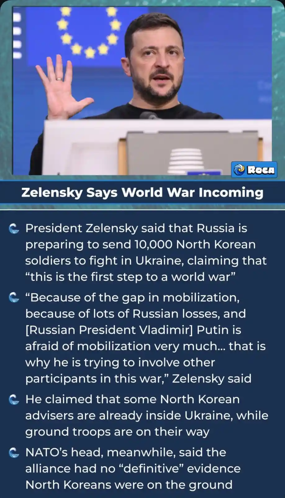 A screenshot of Ukrainian President Volodymyr Zelensky speaking at a podium with the EU flag behind him, his hand raised…