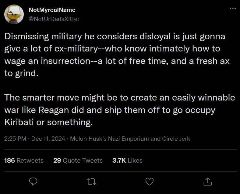 A screenshot of a tweet from a Twitter account named 'NotMyrealName' (@NotUrDadsXitter) with a black background and white…