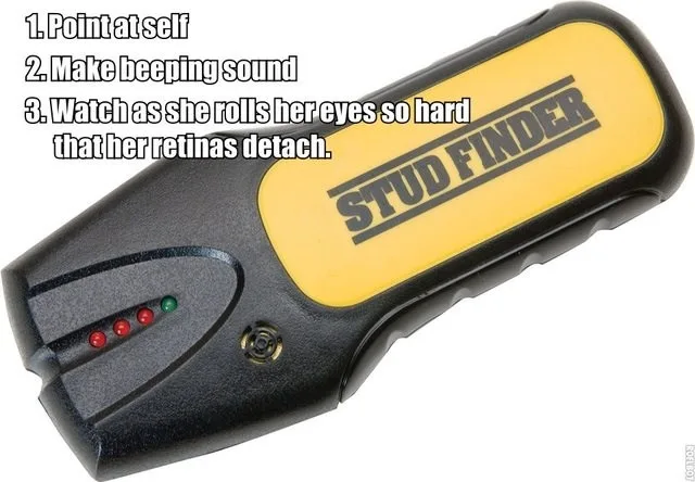 A close-up image of a black and yellow stud finder tool with red, green, and red LED lights visible. Overlaid white text…