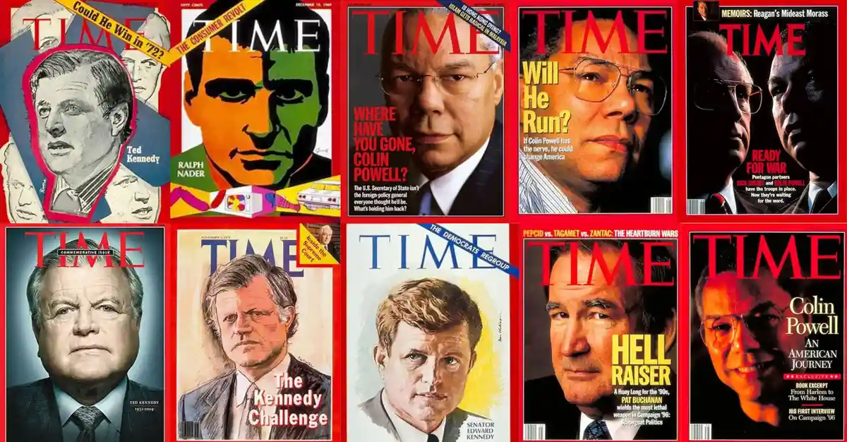 A collage of ten different TIME magazine covers featuring various political figures, primarily Ted Kennedy, Ralph Nader…