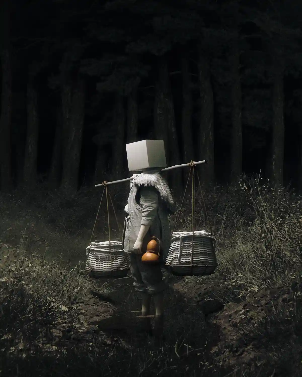 A person viewed from behind walks through a dark forest carrying a yoke with two wicker baskets, one of which is empty…