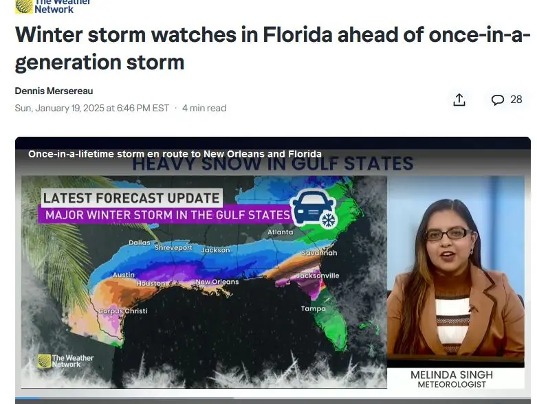 A weather forecast graphic from The Weather Network shows a major winter storm moving toward the Gulf Coast, with a map…