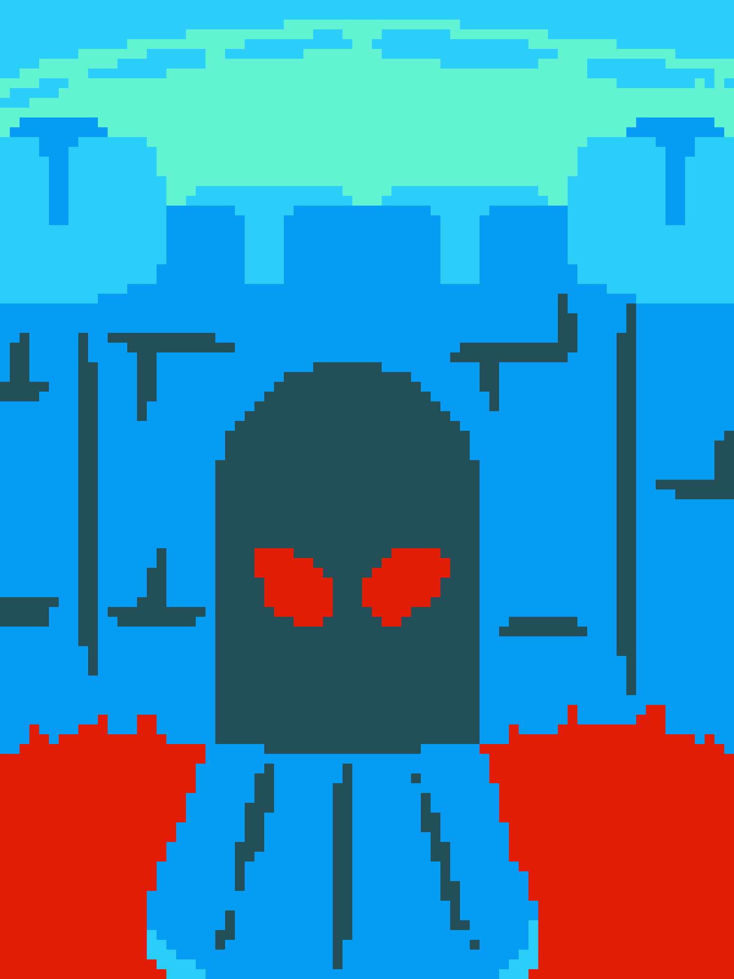 A pixelated, low-resolution image shows a dark teal, spider-like creature with red eyes, standing in a blue environment with…