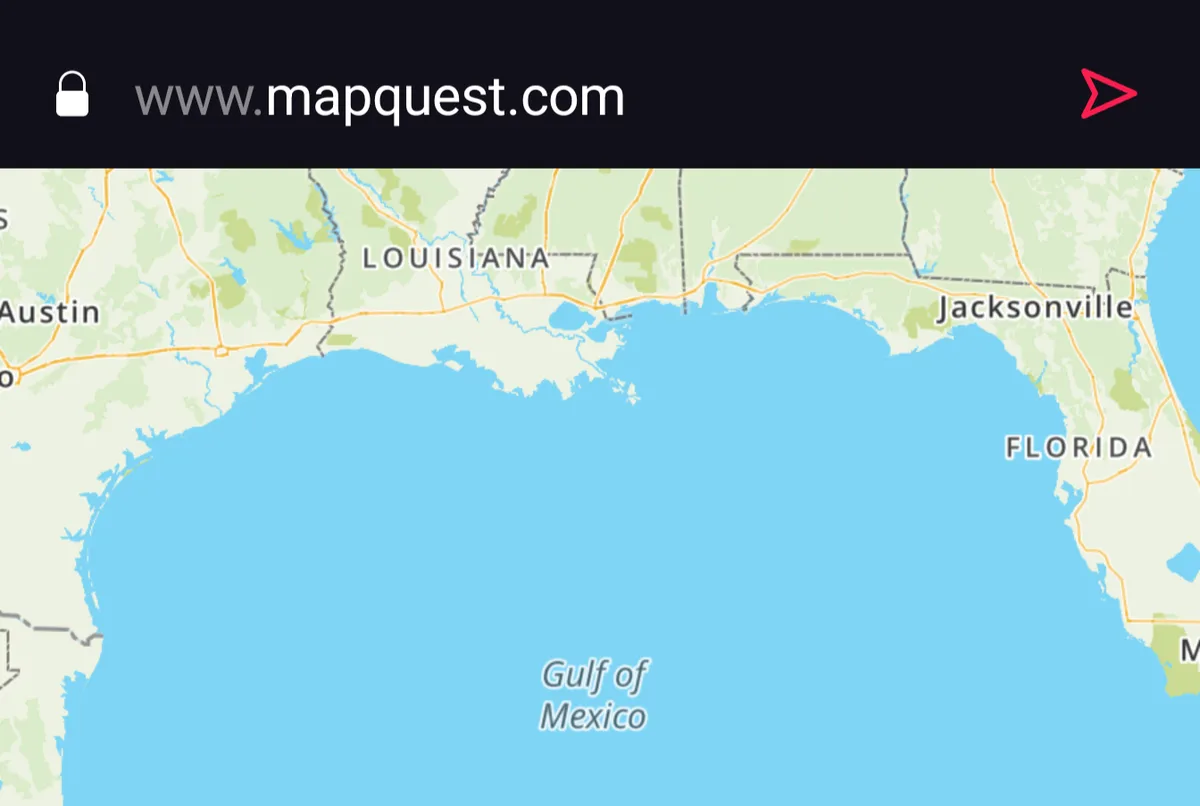 A screenshot of a MapQuest map showing the Gulf of Mexico between Louisiana and Florida, with a red arrow pointing right at…