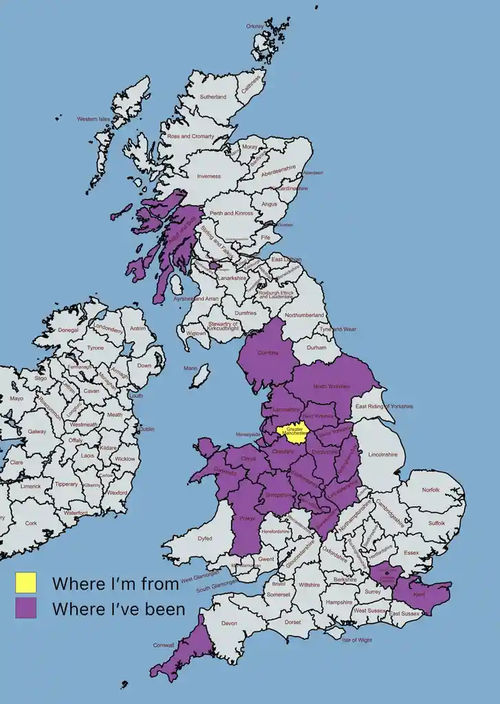 A map of the British Isles with regions colored in purple or yellow. The legend indicates yellow represents 'Where I'm from'…