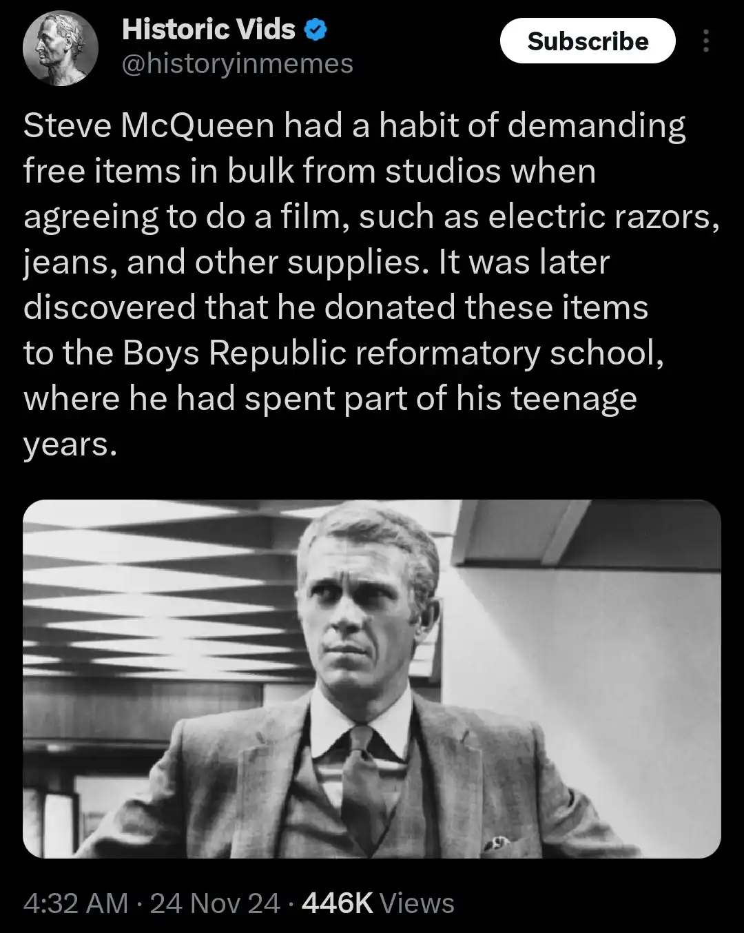 A black-and-white photo of Steve McQueen in a suit and tie, looking serious, overlaid with text describing how he demanded…