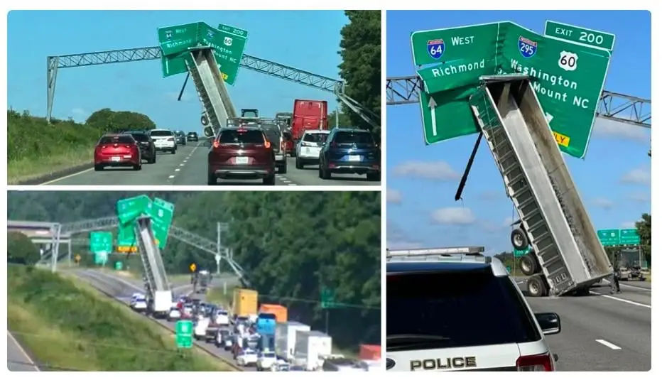 A composite image shows a large green highway sign structure that has collapsed and fallen onto a multi-lane highway, with…