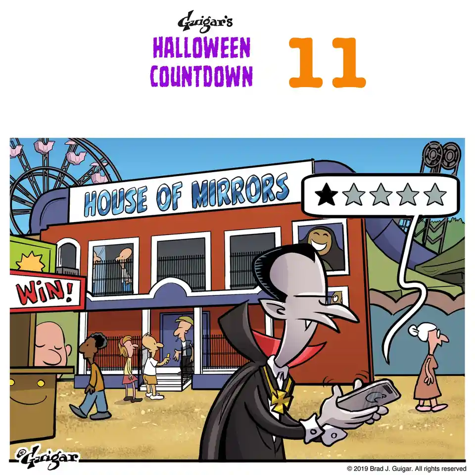 A cartoon vampire in a black cape and red cravat stands in front of a carnival attraction labeled 'HOUSE OF MIRRORS'…