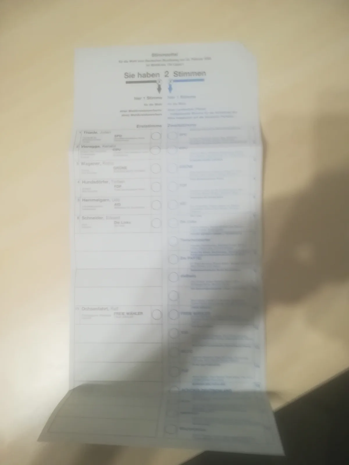 A German federal election ballot paper for the February 2025 vote, showing two voting sections labeled 'Erststimme' and…
