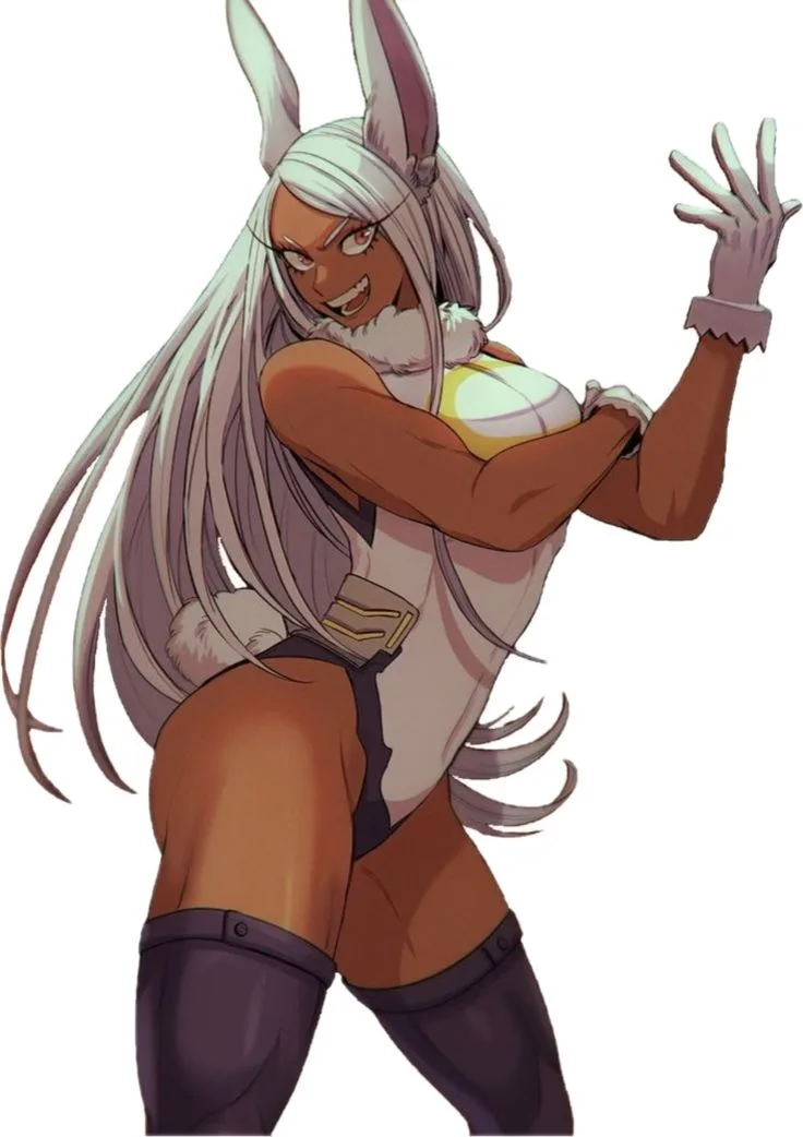 An anime-style female character with long silver hair, bunny ears, and a furry collar poses with a confident, slightly…