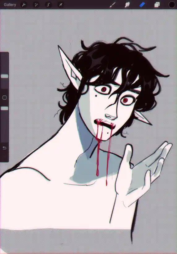 An anime-style illustration of a pale, elf-eared character with black hair and red eyes, shown with blood dripping from…