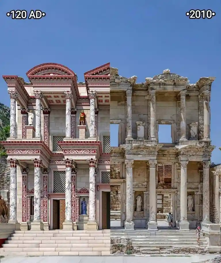 The image is a side-by-side comparison of the same ancient building, labeled '120 AD' on the left and '2010' on the right…