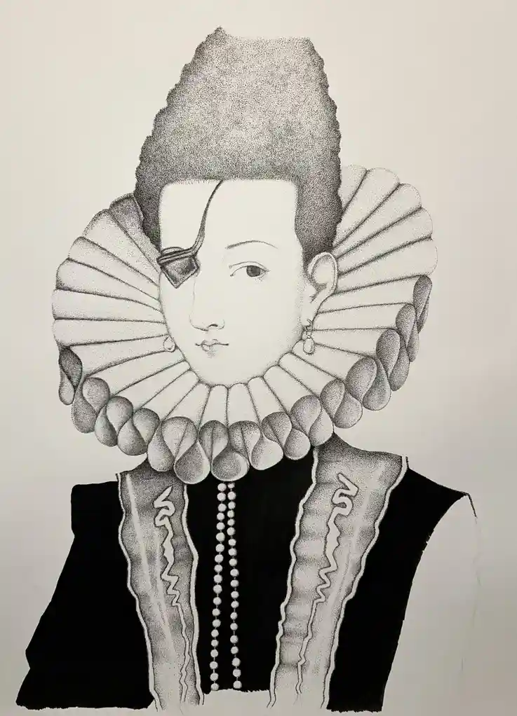 A black-and-white drawing depicts a person in elaborate historical attire, featuring a large, fan-like ruff collar and a…