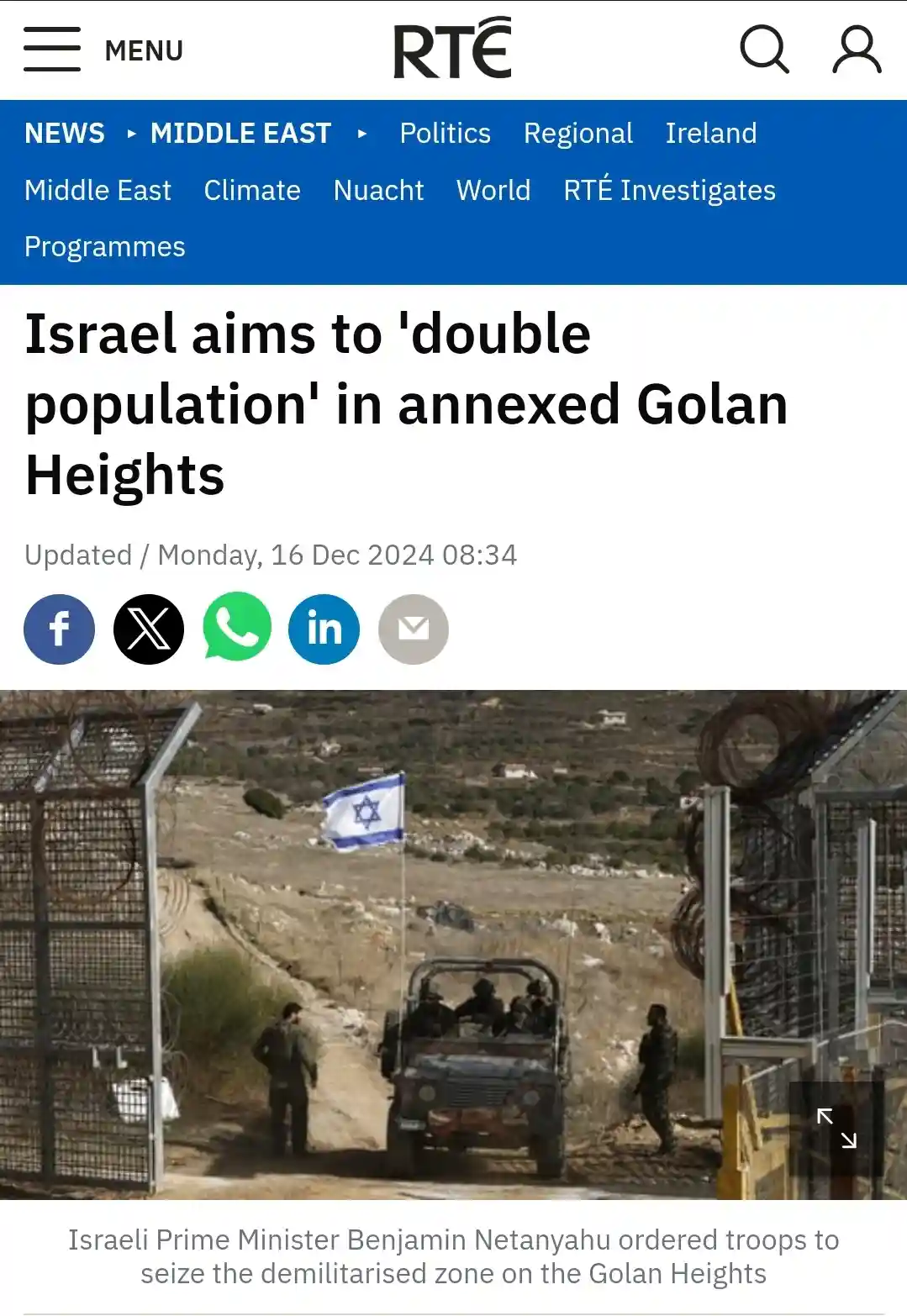 A screenshot of an RTE news article with the headline 'Israel aims to 'double population' in annexed Golan Heights' overlaid…