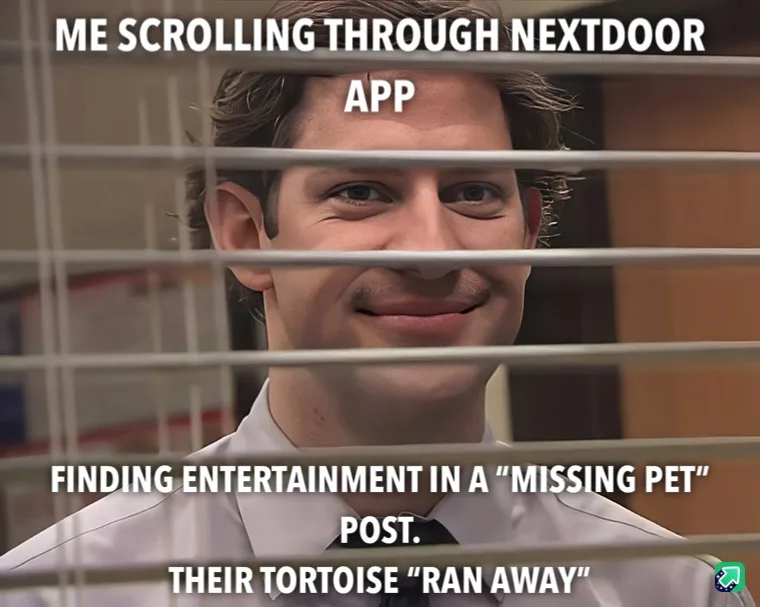 A man in a white shirt and tie smiles mischievously behind office blinds. Overlaid text reads: 'ME SCROLLING THROUGH…