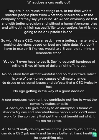 A black background with white text presents a satirical list of a CEO's duties, arguing that an AI would be superior due to…