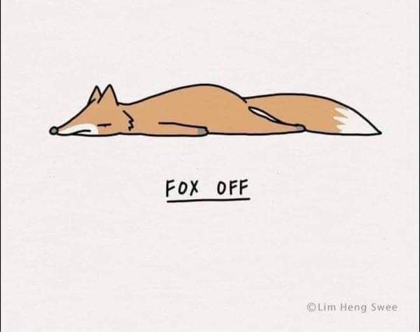 A simple cartoon drawing of a fox lying flat on its side, appearing to be sleeping or resting peacefully. Below the fox, the…