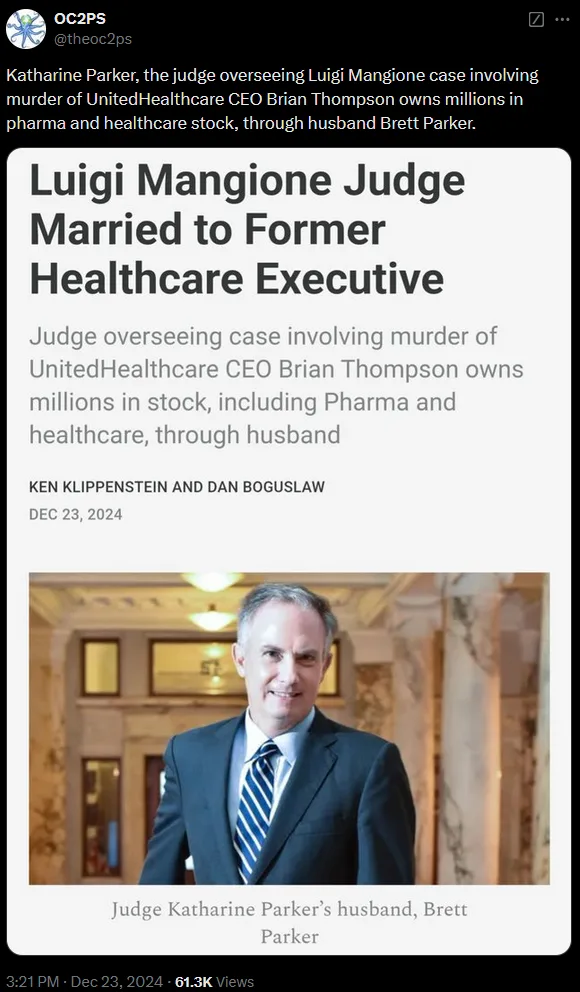 A screenshot of a news article headline about Judge Katharine Parker, who is overseeing the Luigi Mangione murder case…