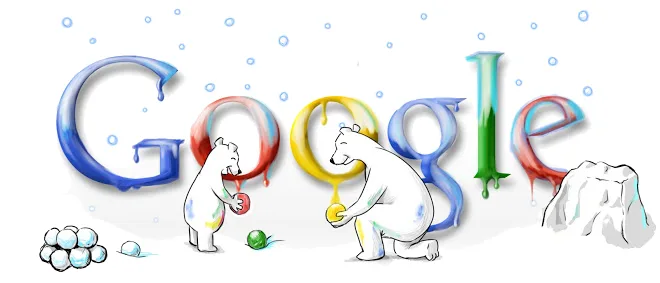 Two cartoon polar bears are shown melting the Google logo with their paws, as paint drips from the letters and snowflakes…