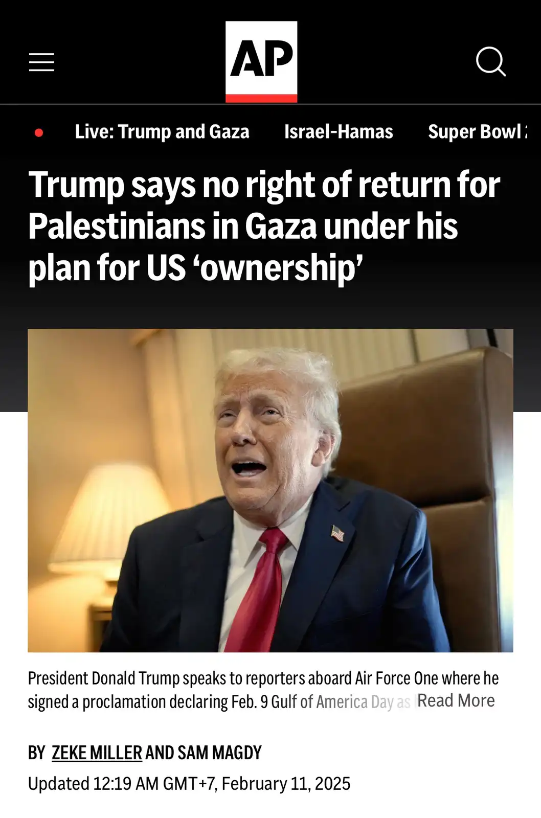 A screenshot of an Associated Press news article featuring a photo of Donald Trump speaking, with the headline 'Trump says…