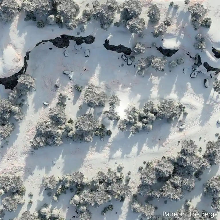 An aerial drone photo shows a snowy forest with frost-covered trees and dark, winding paths or streams cutting through the…