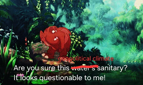 A red animated elephant in a jungle setting repeatedly asks, 'Are you sure this water's sanitary? It looks questionable to…