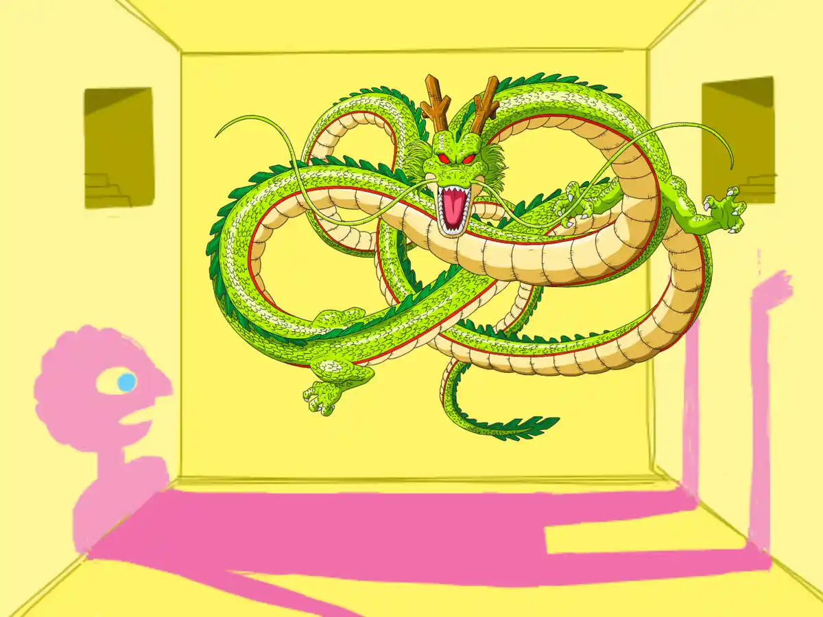 A green, multi-headed dragon with red eyes and antlers is coiled inside a yellow room, casting a large pink shadow on the…