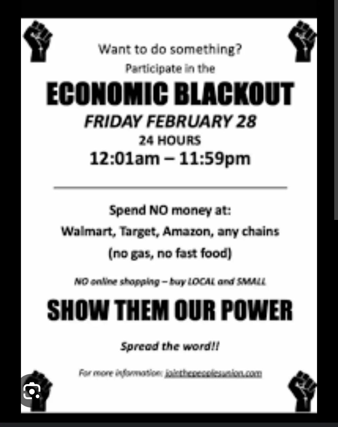 A black-and-white flyer with raised fist icons at the corners promotes an 'Economic Blackout' event on February 28, urging…