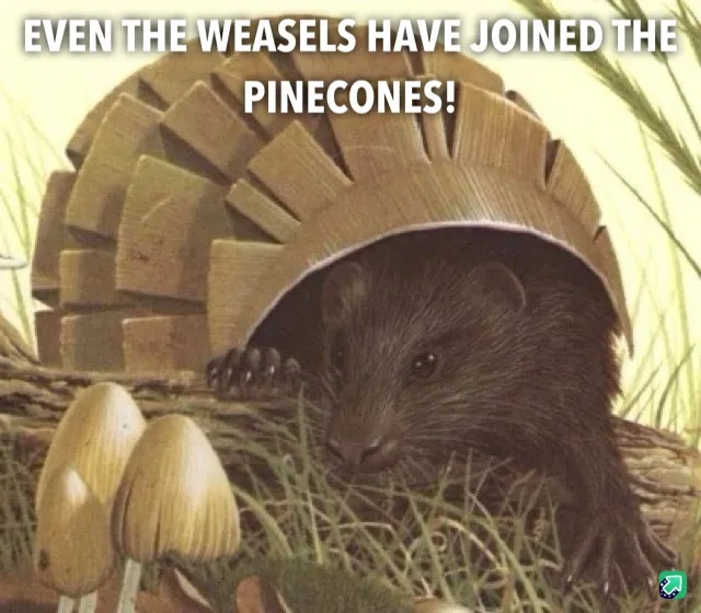 A dark-furred weasel peers out from behind a large, brown pinecone-shaped object in a grassy setting, with two small…